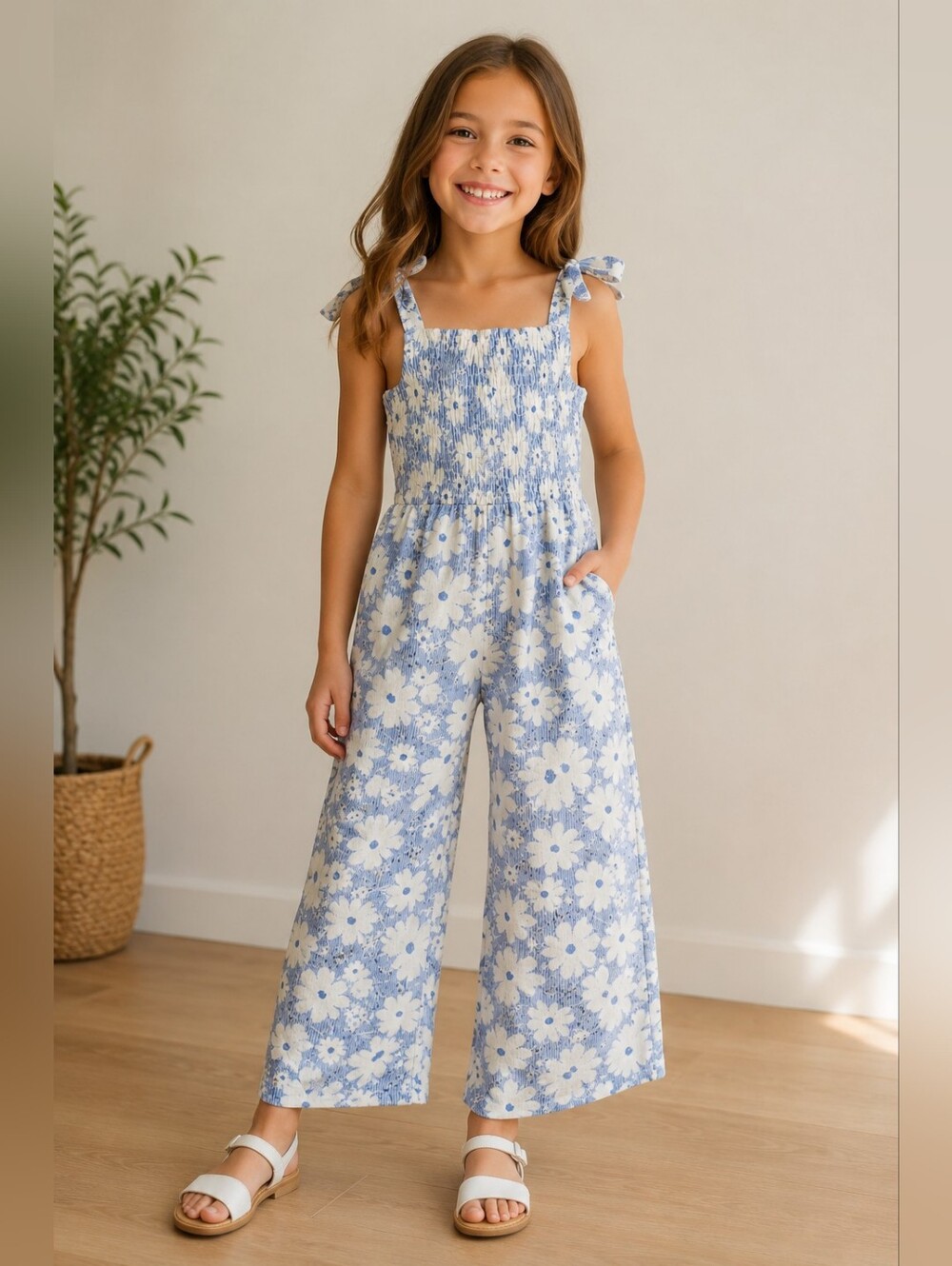 Paisley Lane Blue and White Floral Smocked Jumpsuit for Girls Size 8